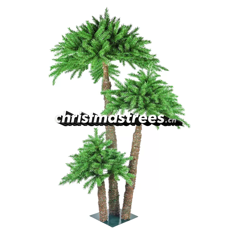 Unlit Triple Artificial Palm Christmas Tree, Multi-Height Tropical Coconut Palm with Metal Base, Indoor & Outdoor Holiday Decor C038