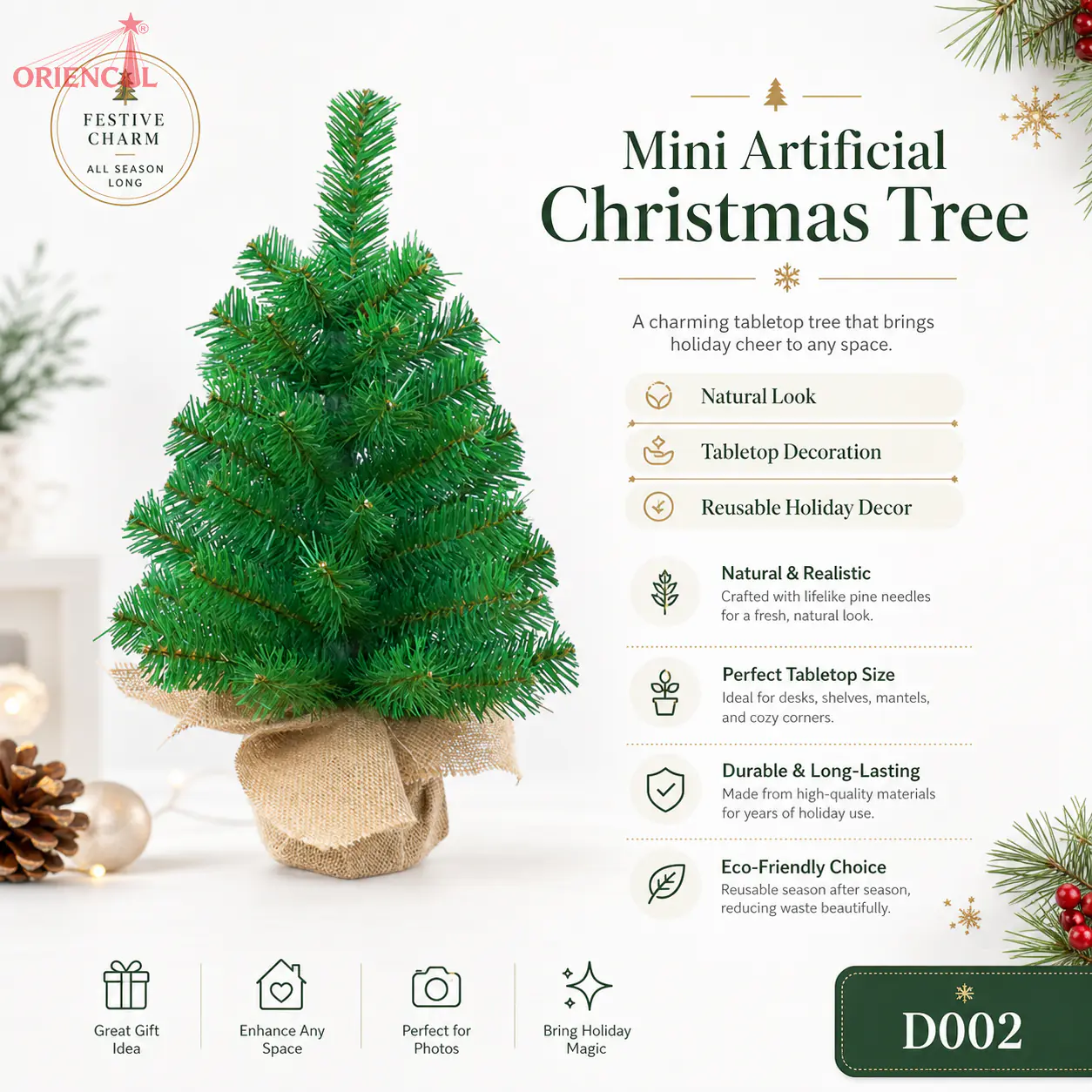 Mini Artificial Spruce Christmas Tree, Unlit Fluffy Green Tabletop Tree with Burlap Base D002