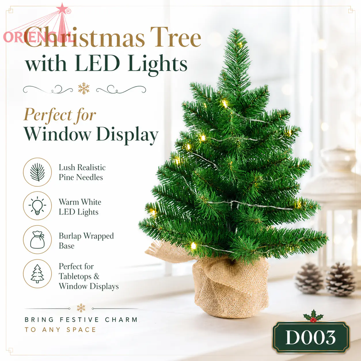 Pre-Lit Mini Artificial Fir Christmas Tree, Warm LED Lights, Small Tabletop Holiday Decor D003
