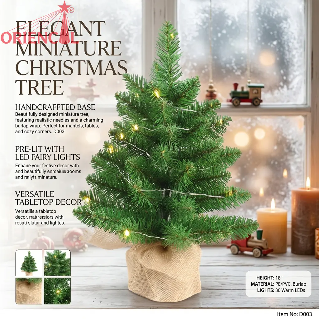Pre-Lit Mini Artificial Fir Christmas Tree, Warm LED Lights, Small Tabletop Holiday Decor D003