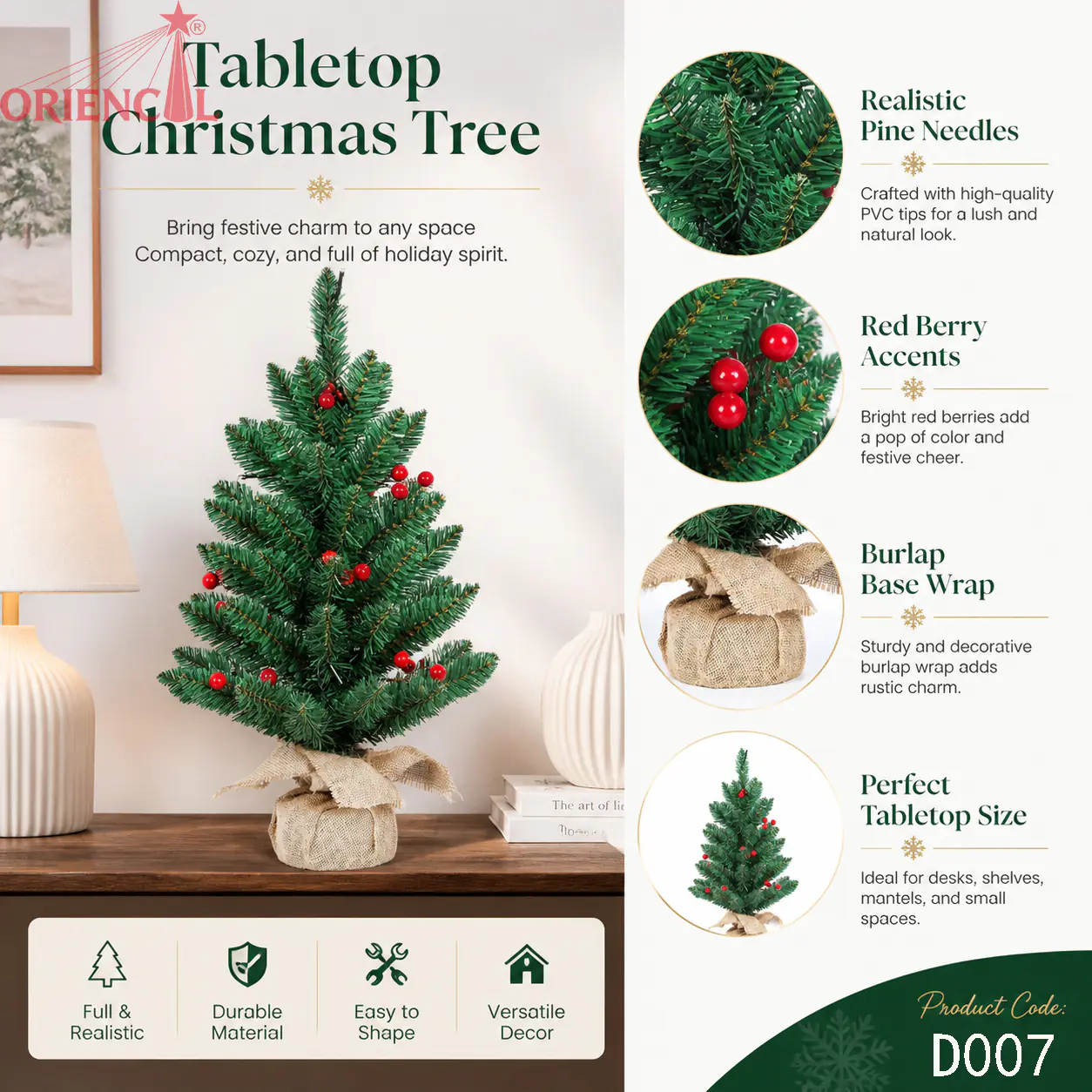 Small Artificial Spruce Christmas Tree with Red Berries, Rustic Tabletop Decoration D007