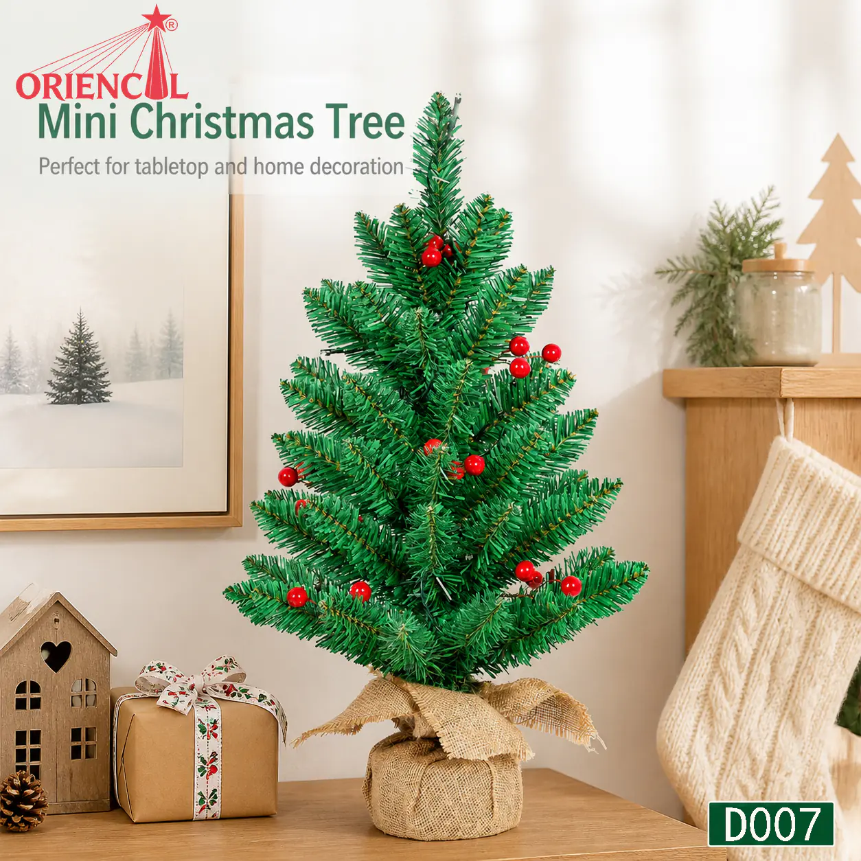 Small Artificial Spruce Christmas Tree with Red Berries, Rustic Tabletop Decoration D007