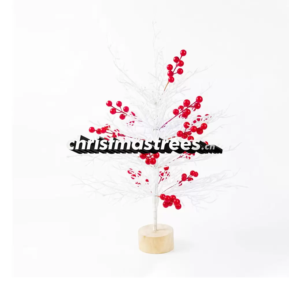 Red Berry White Twig Christmas Tree, Unlit Small Tabletop Winter Decor with Wooden Base D012