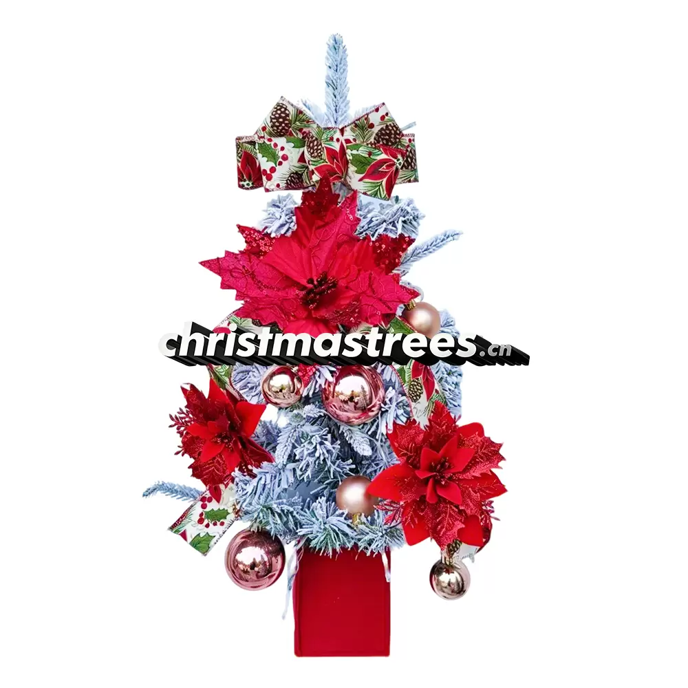 Poinsettia Decorated Mini Christmas Tree, Red Flower Themed Small Holiday Centerpiece D026