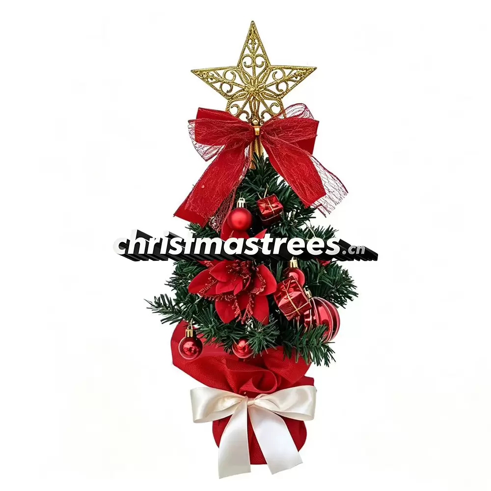 Red Bow Decorated Mini Christmas Tree, Pre-Decorated with Bow & Star Topper for Festive Decor D027