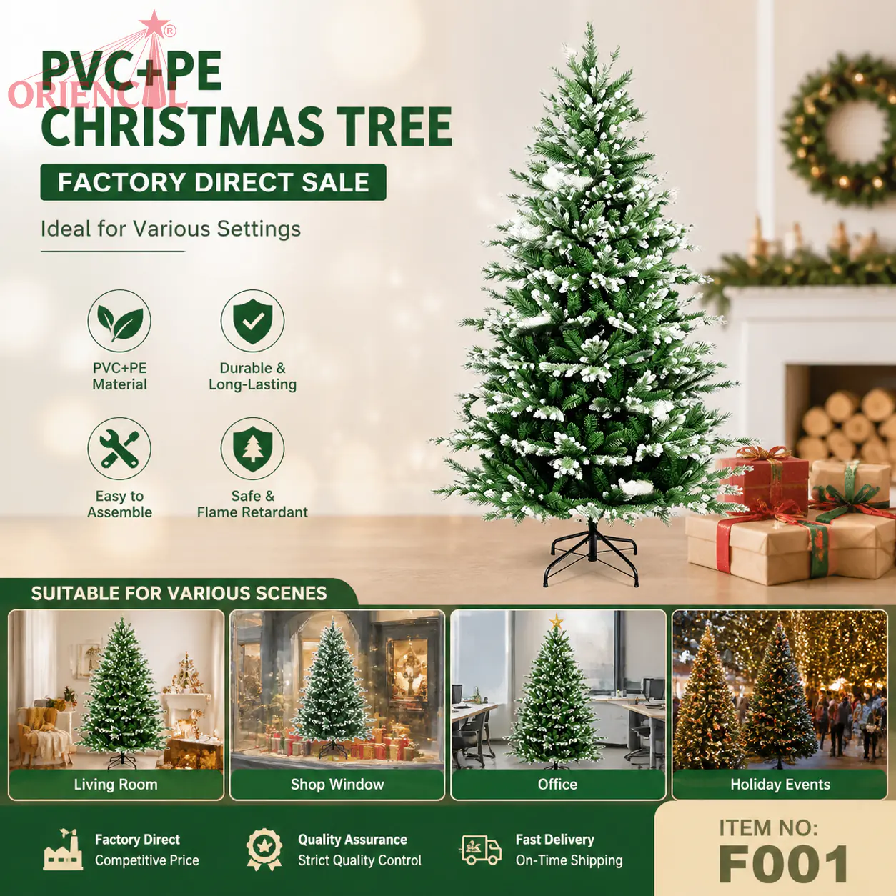 Flocked Artificial Spruce Christmas Tree, Green with Snowy Tips, Unlit Full Size Winter Decor F001