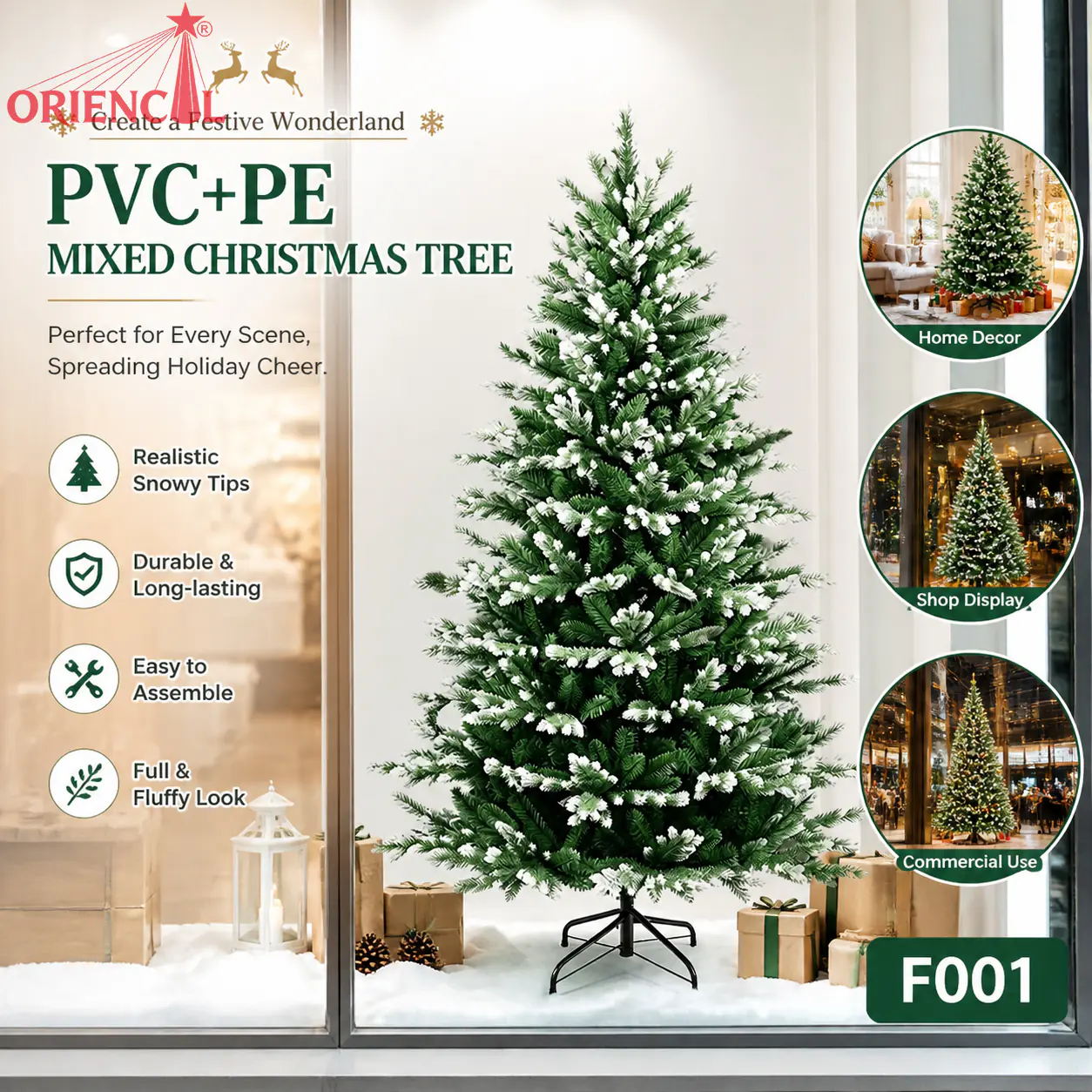 Flocked Artificial Spruce Christmas Tree, Green with Snowy Tips, Unlit Full Size Winter Decor F001