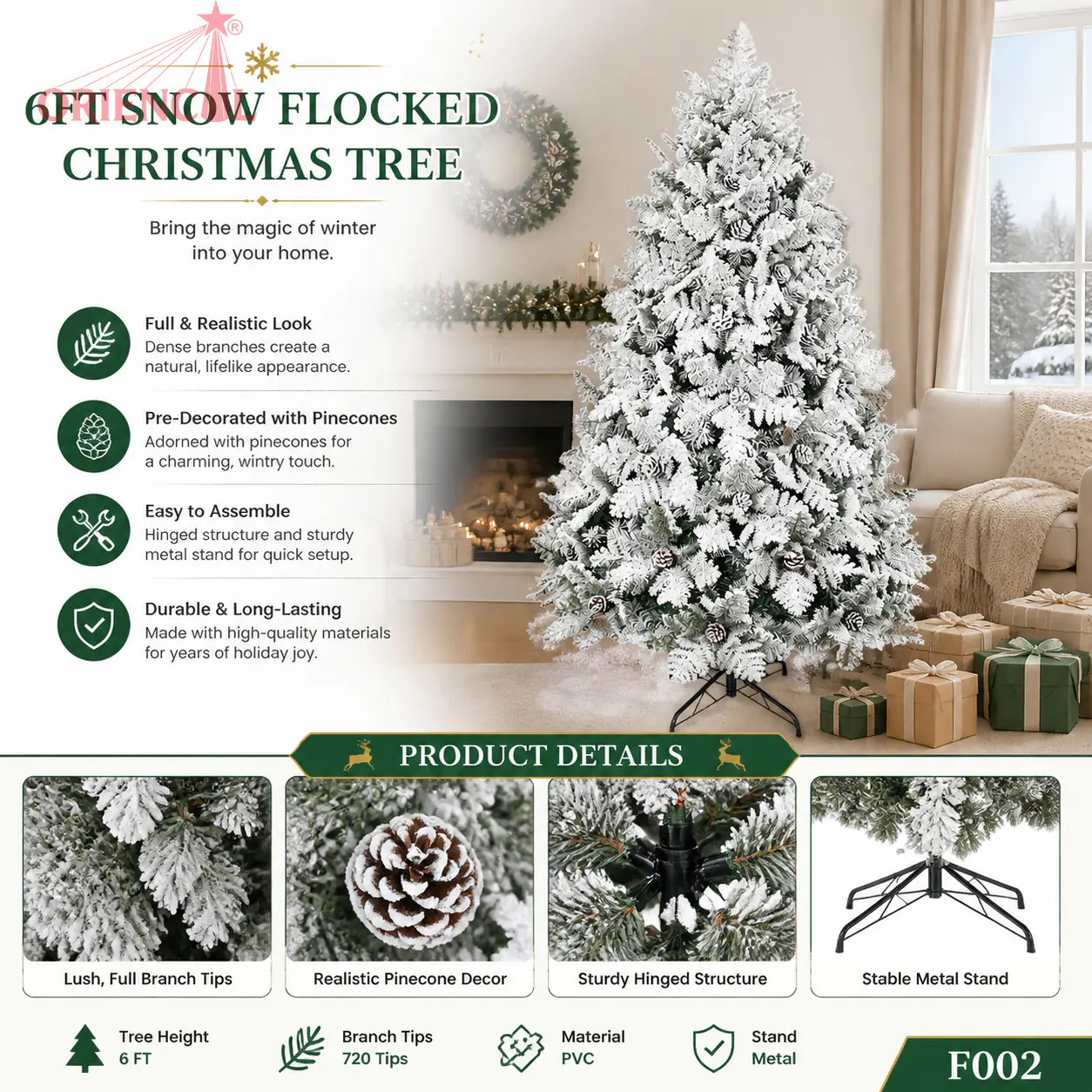 Heavy Flocked White Spruce Christmas Tree, Unlit Snow-Covered Full Size Tree for Winter Wonderland F002