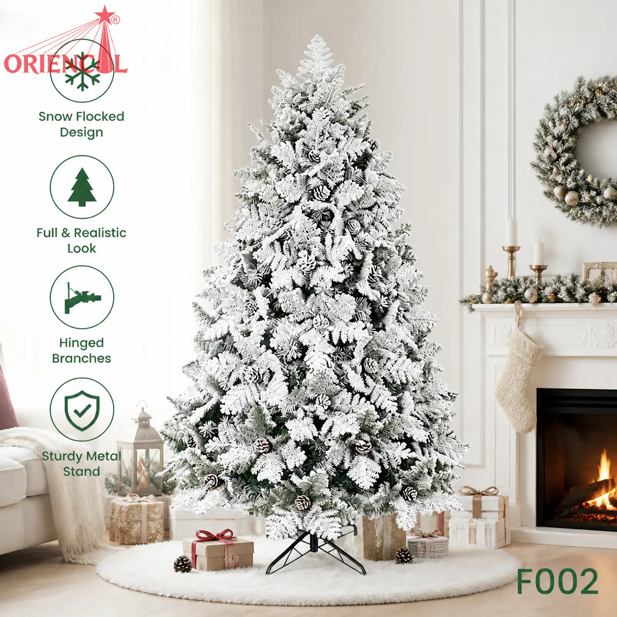 Heavy Flocked White Spruce Christmas Tree, Unlit Snow-Covered Full Size Tree for Winter Wonderland F002