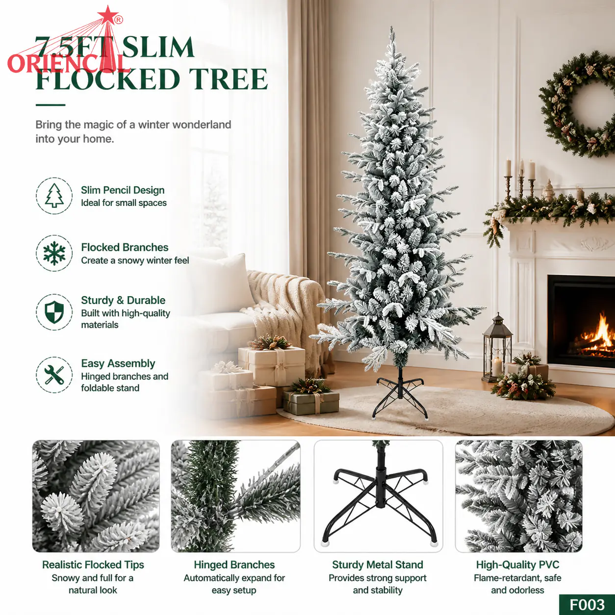 Slim Flocked Artificial Fir Christmas Tree, Grey Toned Snowy Pencil Tree, Unlit Corner Decor F003