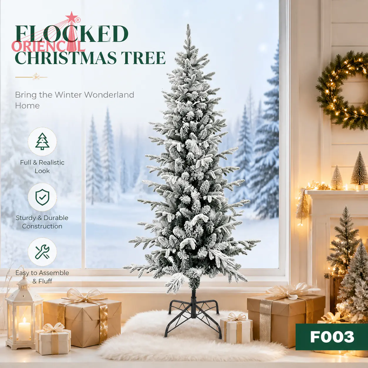 Slim Flocked Artificial Fir Christmas Tree, Grey Toned Snowy Pencil Tree, Unlit Corner Decor F003