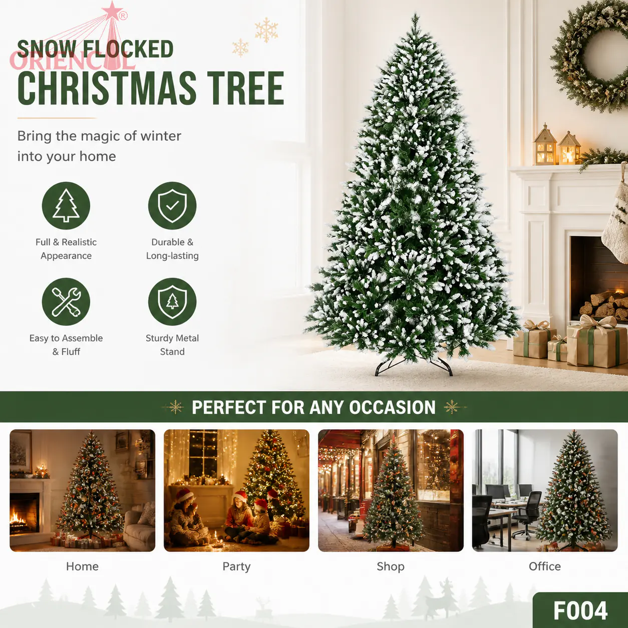Dense Flocked Spruce Christmas Tree, Green with Heavy Snow Tips, Unlit Premium Holiday Decor F004