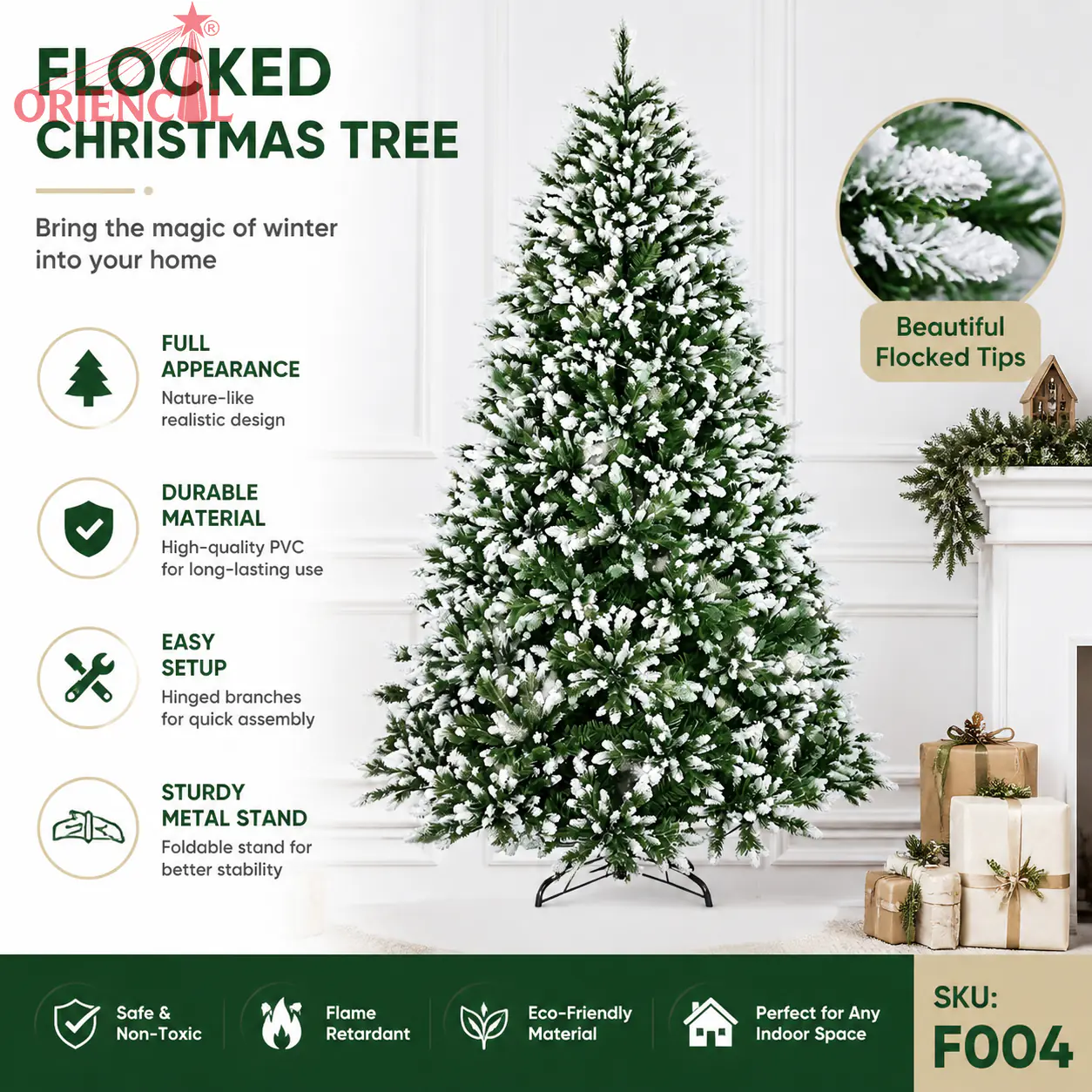 Dense Flocked Spruce Christmas Tree, Green with Heavy Snow Tips, Unlit Premium Holiday Decor F004
