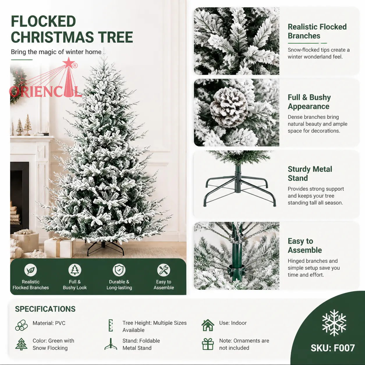 Full Flocked Artificial Spruce Christmas Tree, Green Branches with Thick Snow, Unlit Home Decor F007