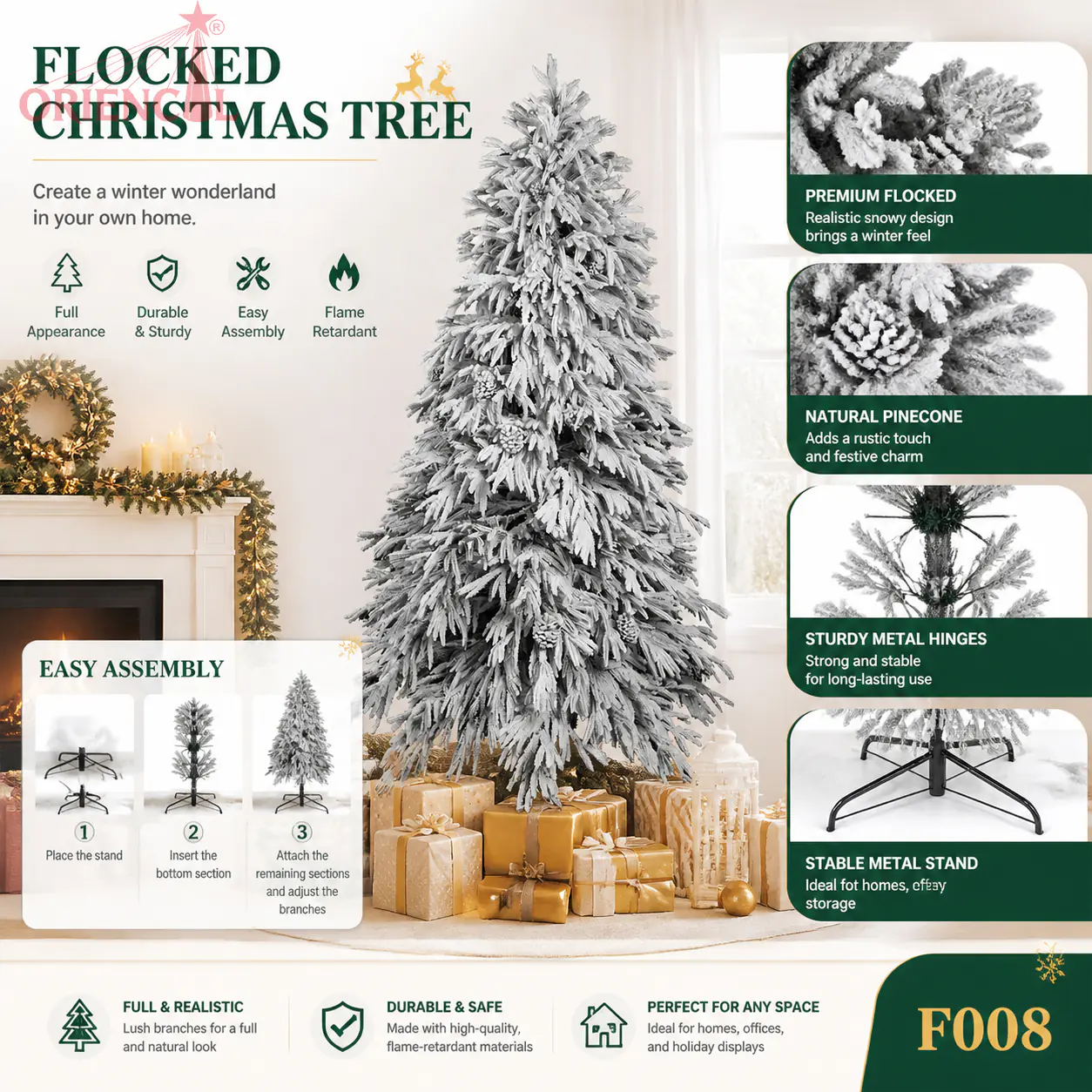 Dark Grey Flocked Artificial Spruce Christmas Tree, Unlit Snowy Evergreen, Rustic Holiday Decor F008