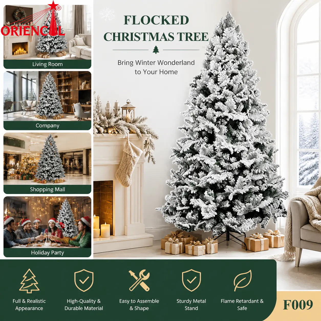 Heavy Flocked Spruce Christmas Tree, Green with Full Snow Coverage, Unlit Premium Winter Decor F009