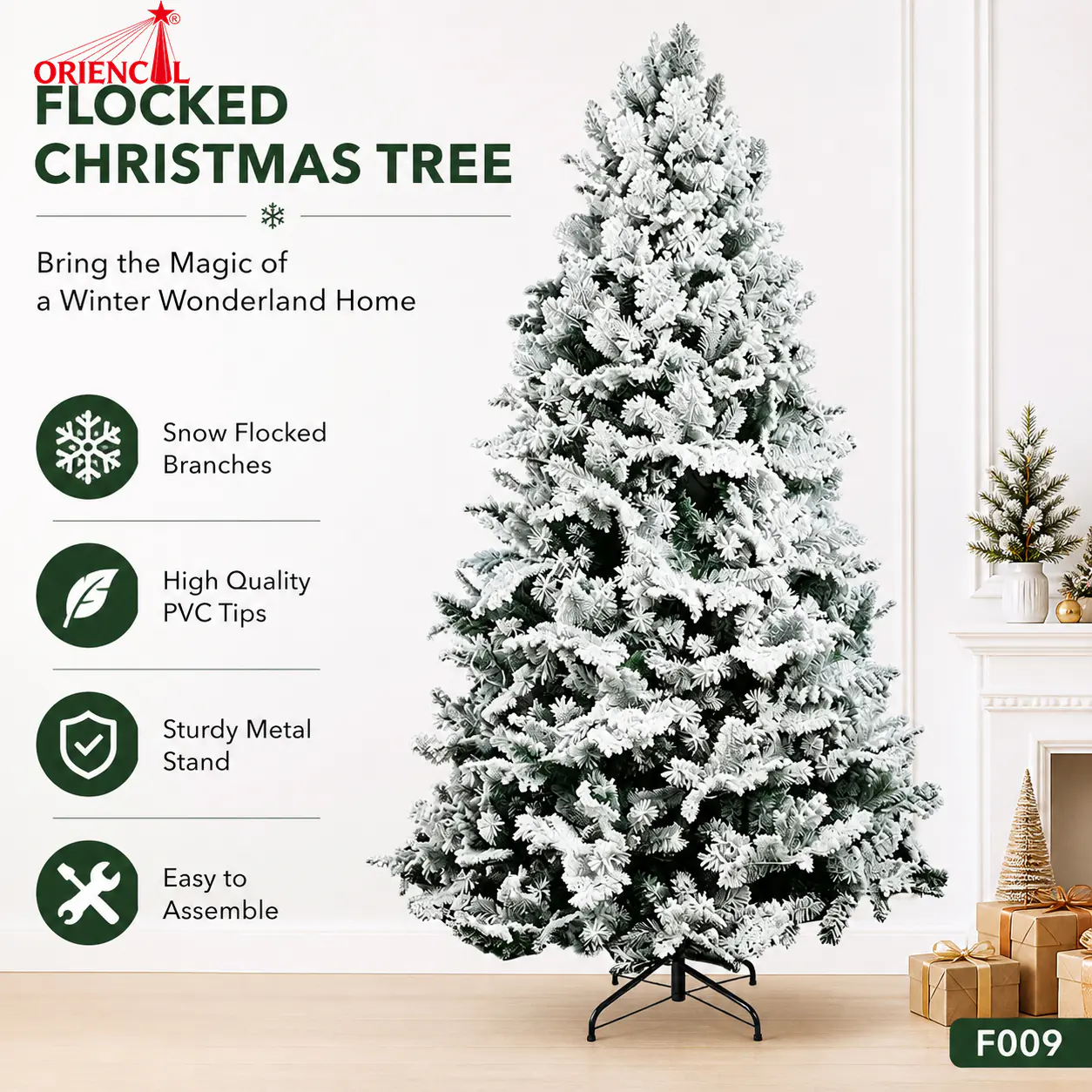 Heavy Flocked Spruce Christmas Tree, Green with Full Snow Coverage, Unlit Premium Winter Decor F009