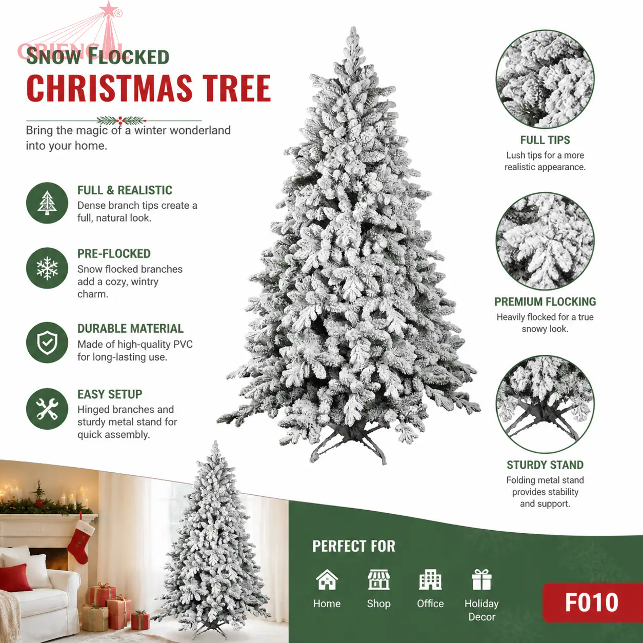 Flocked Artificial Spruce Christmas Tree, Green Branches with Even Snowy Tips, Unlit Family Decor F010