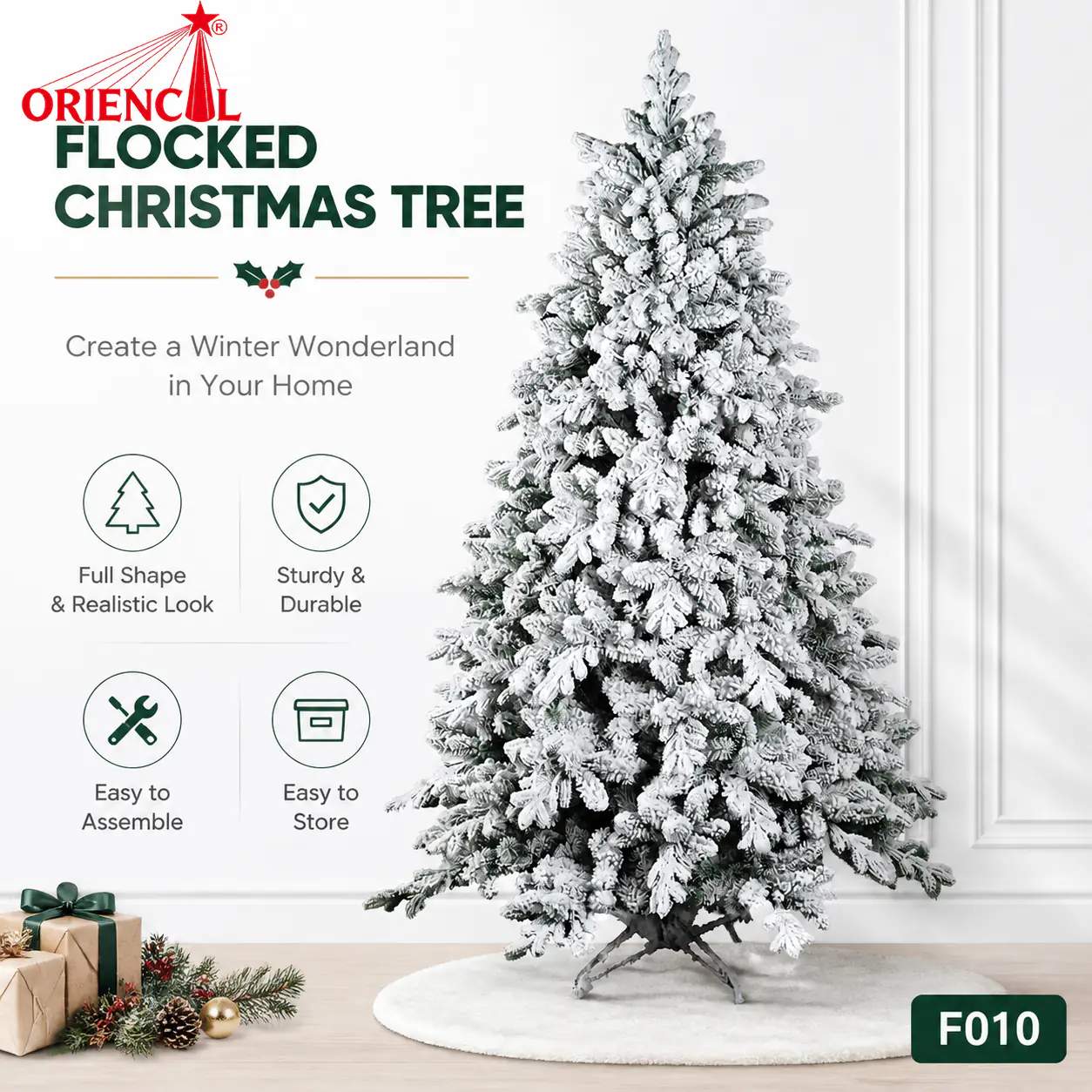 Flocked Artificial Spruce Christmas Tree, Green Branches with Even Snowy Tips, Unlit Family Decor F010