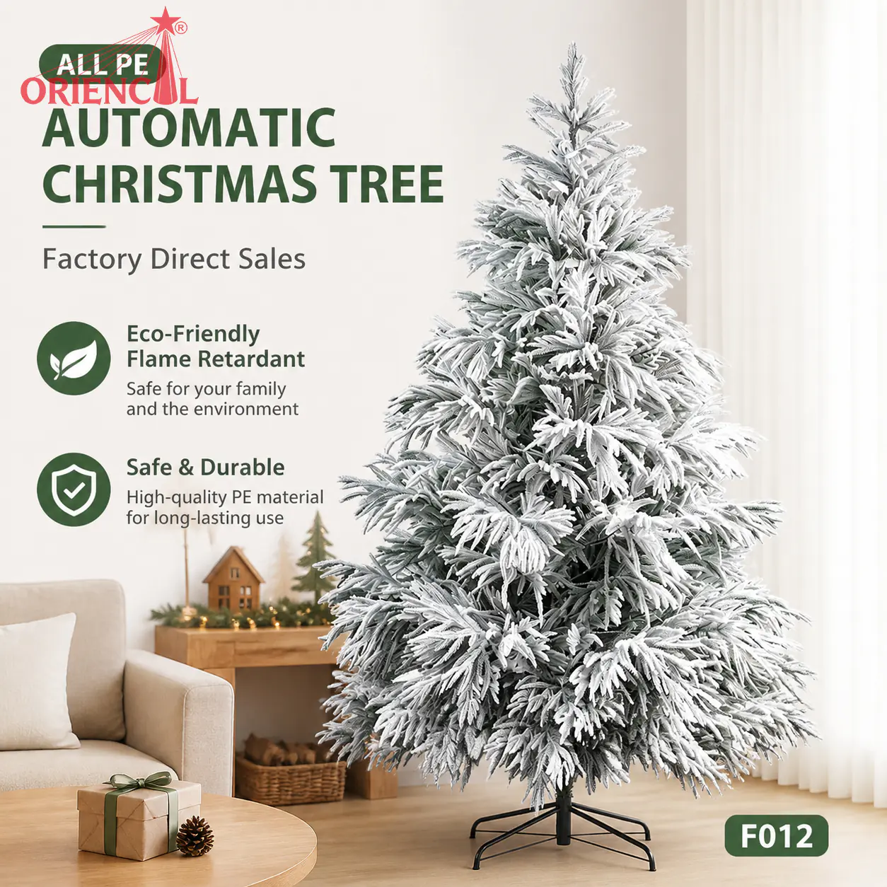 Flocked Artificial Spruce Christmas Tree, Green Branches with Even Snowy Tips, Unlit Family Decor F010