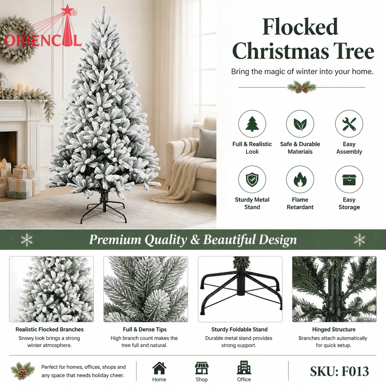 Light Flocked Artificial Spruce Christmas Tree, Green with Delicate Snow Tips, Unlit Home Decor F013