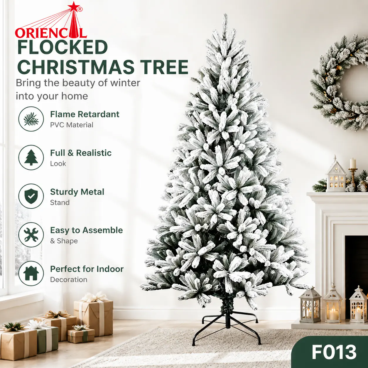 Light Flocked Artificial Spruce Christmas Tree, Green with Delicate Snow Tips, Unlit Home Decor F013