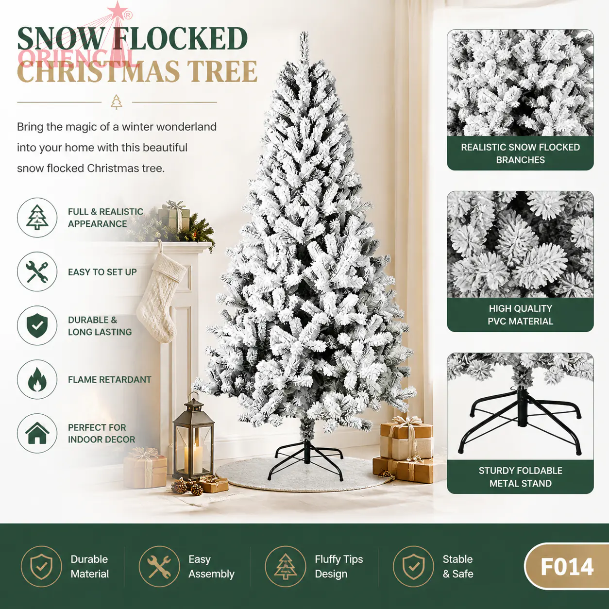 Heavy Flocked Spruce Christmas Tree, Green with Thick Snow, Unlit Premium Winter Wonderland Decor F014