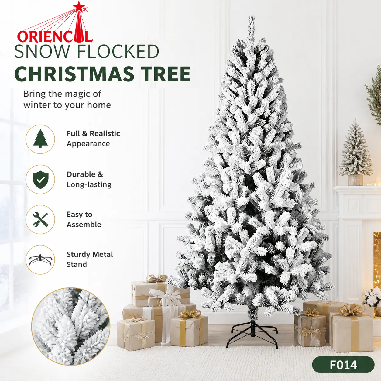 Heavy Flocked Spruce Christmas Tree, Green with Thick Snow, Unlit Premium Winter Wonderland Decor F014