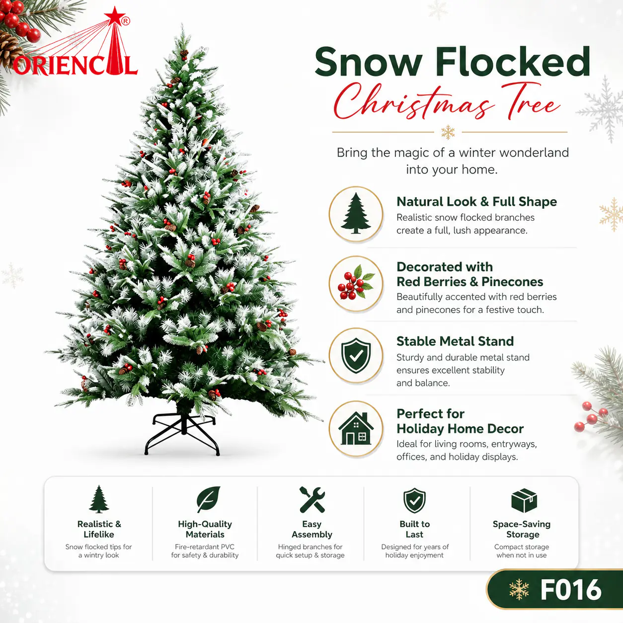 Dense Flocked Spruce Christmas Tree, Green with Snowy Tips, Unlit Full Size Holiday Decor F016