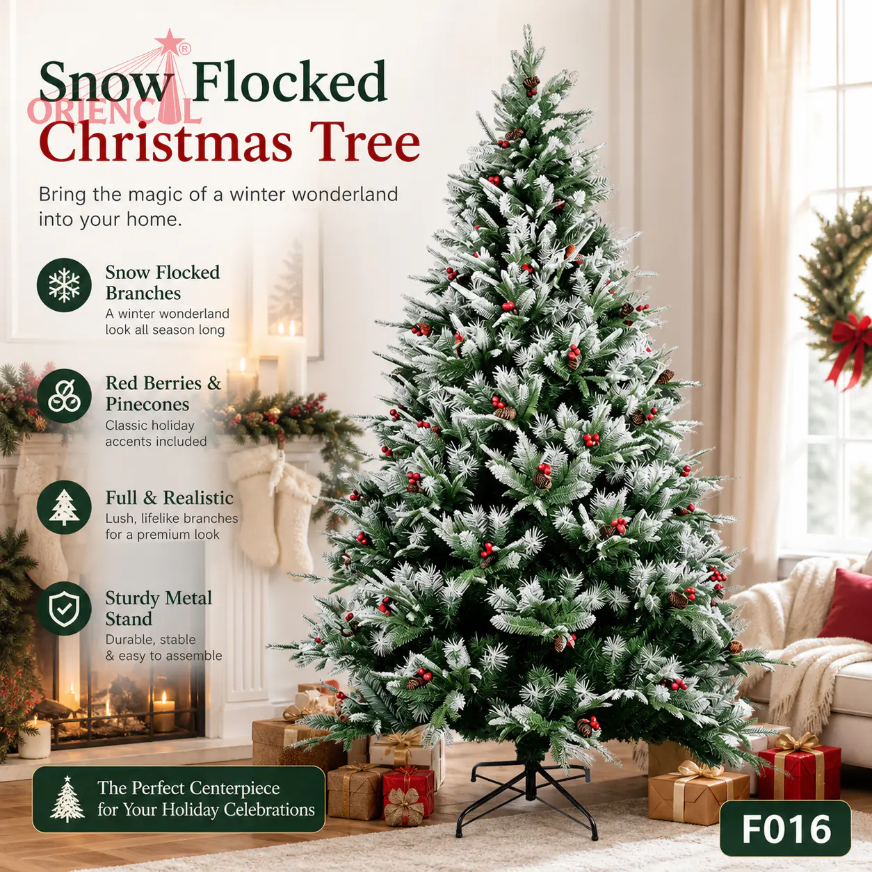 Dense Flocked Spruce Christmas Tree, Green with Snowy Tips, Unlit Full Size Holiday Decor F016