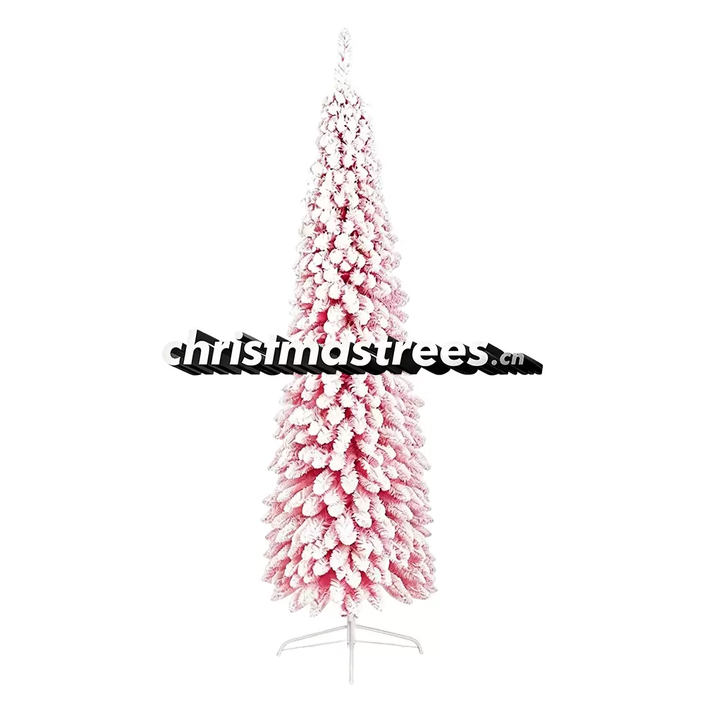 Pink Flocked Artificial Fir Christmas Tree, Unlit Slim Snowy Tree, Themed Party & Holiday Decor F017