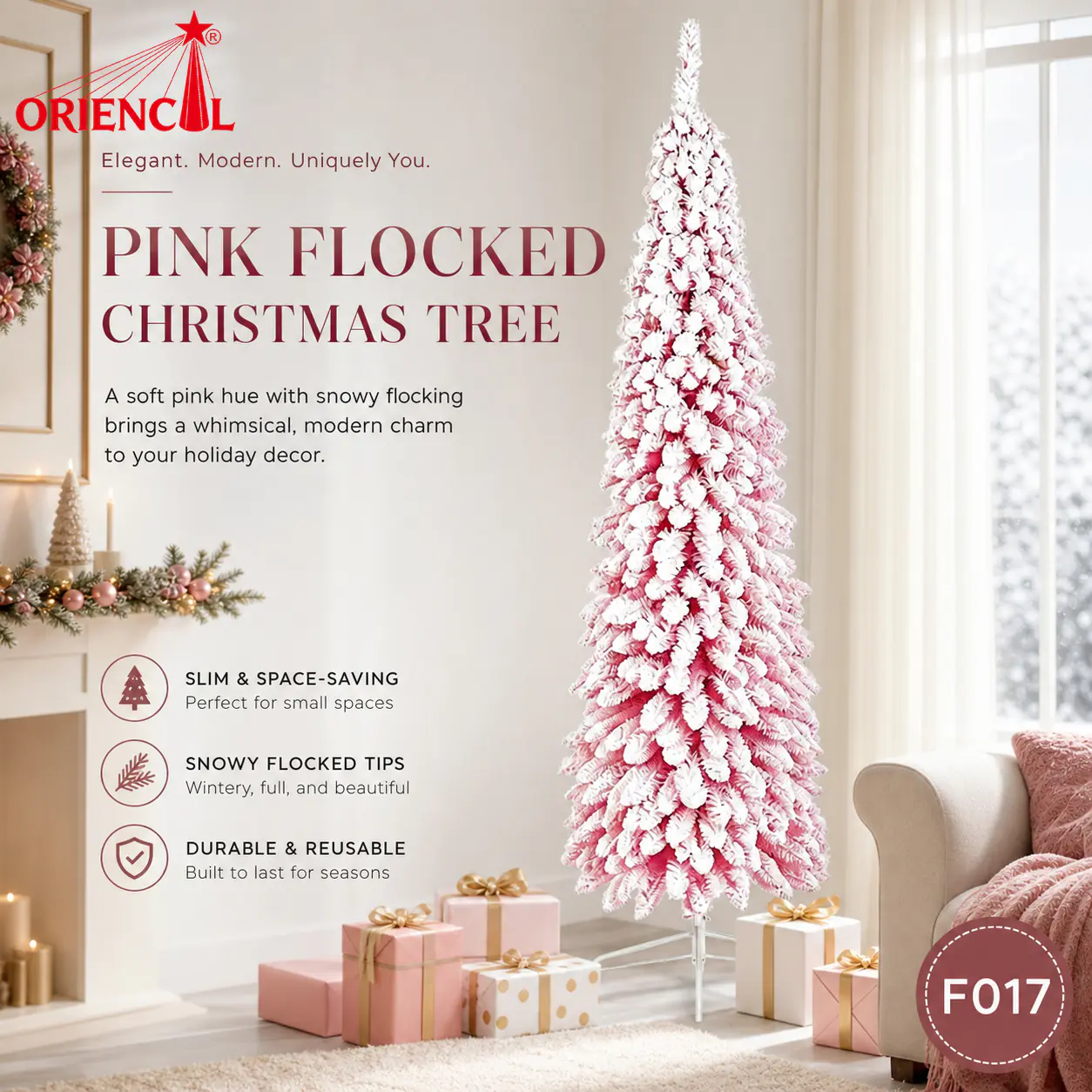Pink Flocked Artificial Fir Christmas Tree, Unlit Slim Snowy Tree, Themed Party & Holiday Decor F017