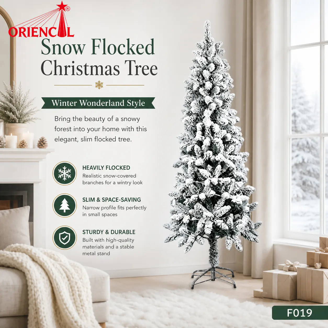Ultra-Slim Flocked Artificial Fir Christmas Tree, Green with Snowy Tips, Unlit Nook & Corner Decor F019