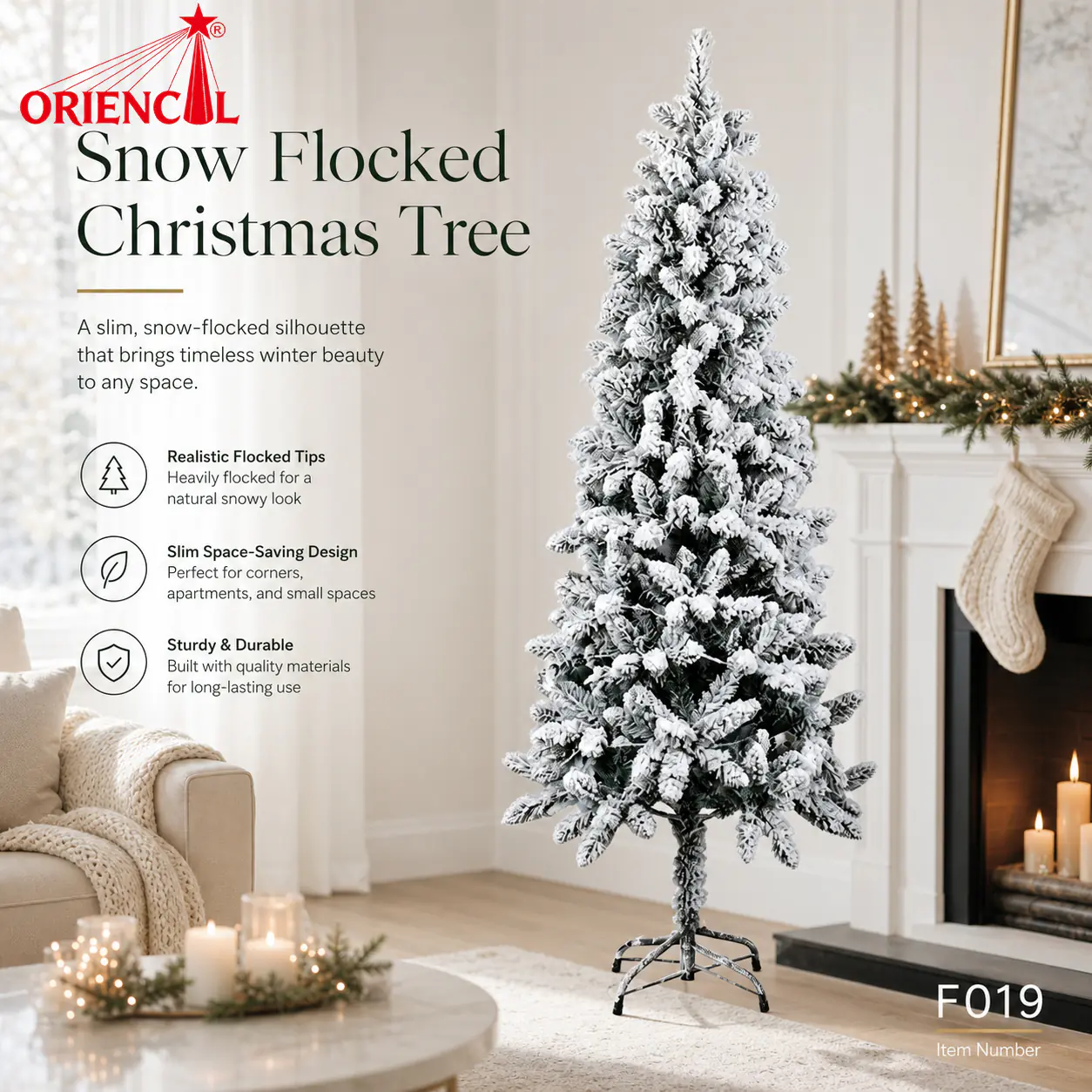 Ultra-Slim Flocked Artificial Fir Christmas Tree, Green with Snowy Tips, Unlit Nook & Corner Decor F019