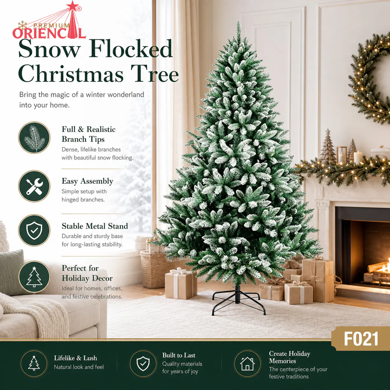 Full Flocked Artificial Spruce Christmas Tree, Green with Snowy Tips, Unlit Classic Holiday Decor F021