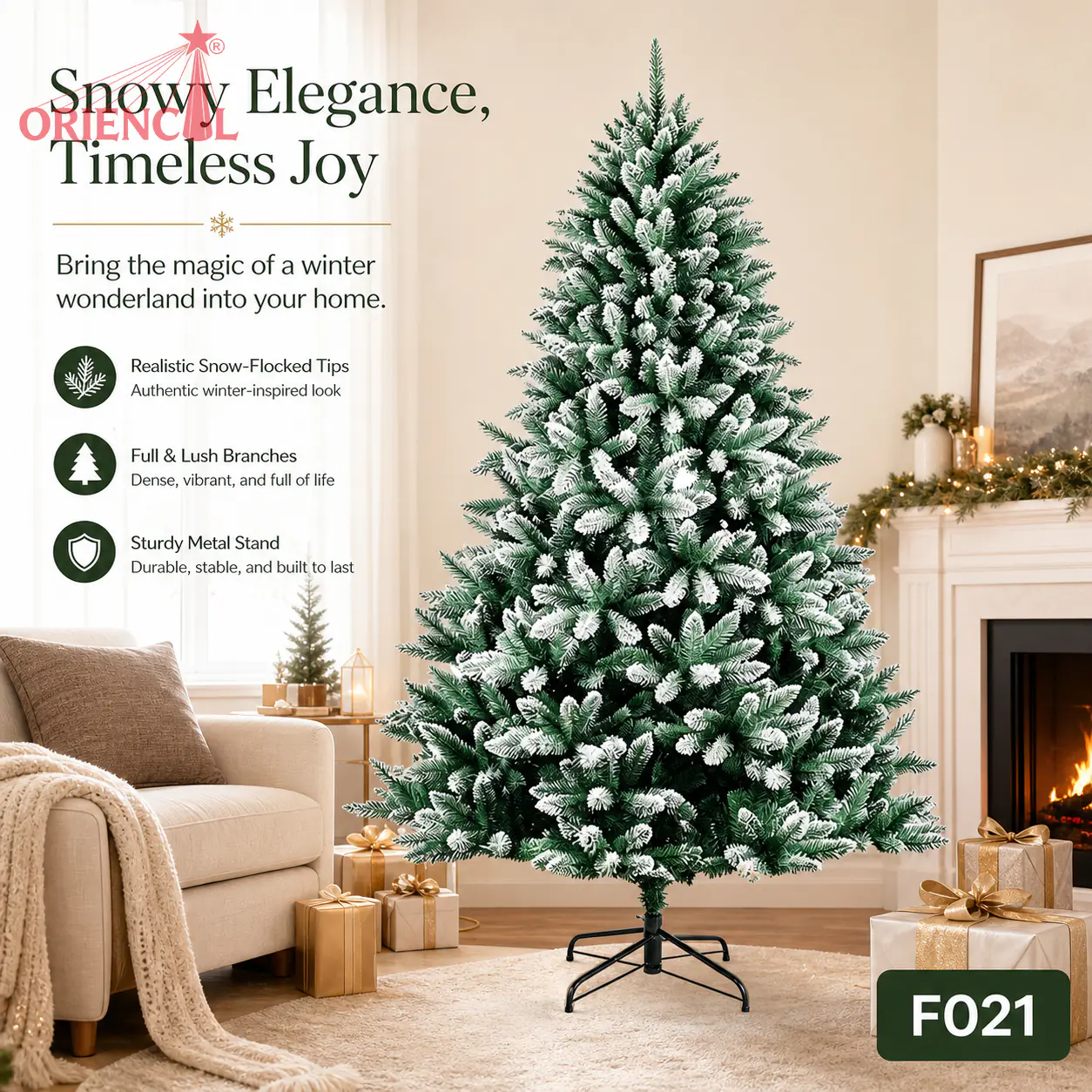 Full Flocked Artificial Spruce Christmas Tree, Green with Snowy Tips, Unlit Classic Holiday Decor F021