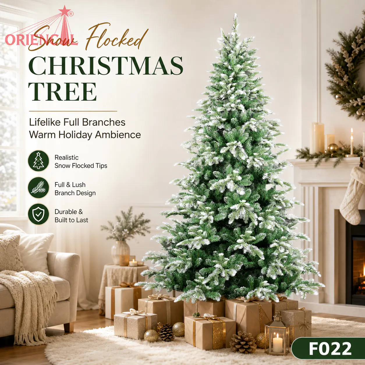 Light Flocked Spruce Christmas Tree, Green with Natural Snowy Tips, Unlit Rustic Decor F022