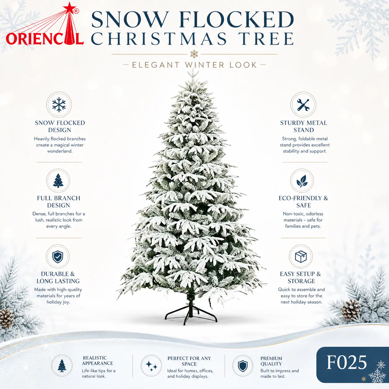 Half Flocked Fir Christmas Tree, Green and White Flocked Fir Tree, Artificial Christmas Tree with Partial Snow, Natural Looking Flocked Fir Tree F025
