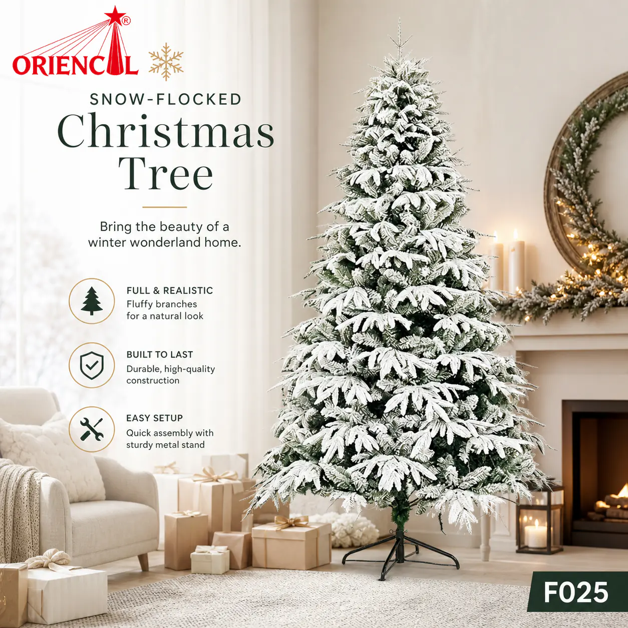 Half Flocked Fir Christmas Tree, Green and White Flocked Fir Tree, Artificial Christmas Tree with Partial Snow, Natural Looking Flocked Fir Tree F025
