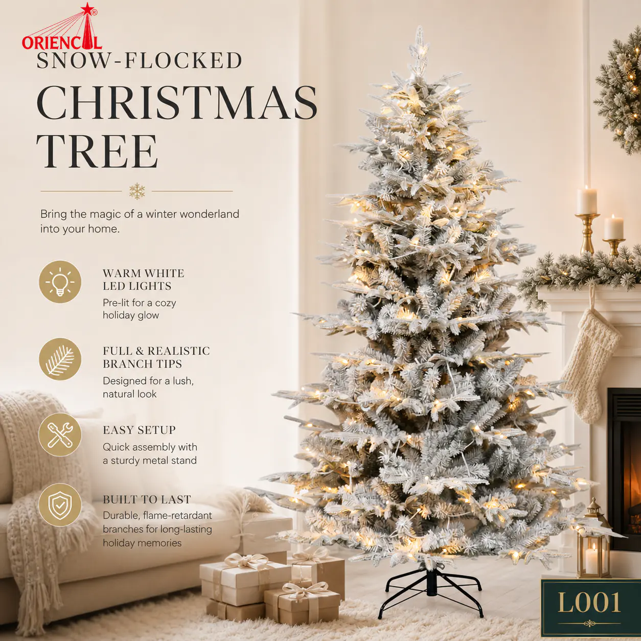 Pre-Lit Flocked White Spruce Christmas Tree, Warm LED Lights, Full Snowy Evergreen for Winter Decor L001