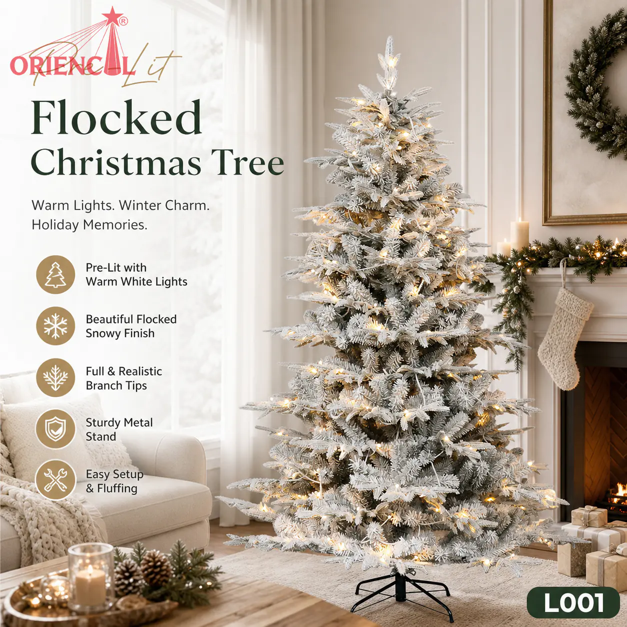 Pre-Lit Flocked White Spruce Christmas Tree, Warm LED Lights, Full Snowy Evergreen for Winter Decor L001
