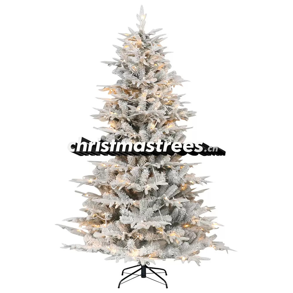 Pre-Lit Flocked White Spruce Christmas Tree, Warm LED Lights, Full Snowy Evergreen for Winter Decor L001