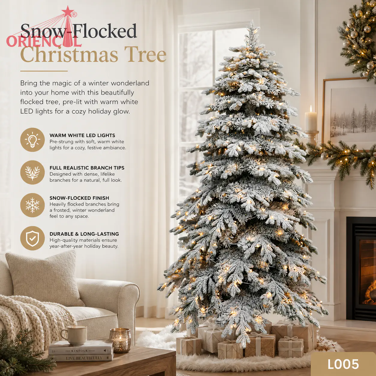 Pre-Lit Dark Grey Flocked Spruce Christmas Tree, LED Lights, Rustic Farmhouse Holiday Decor L005