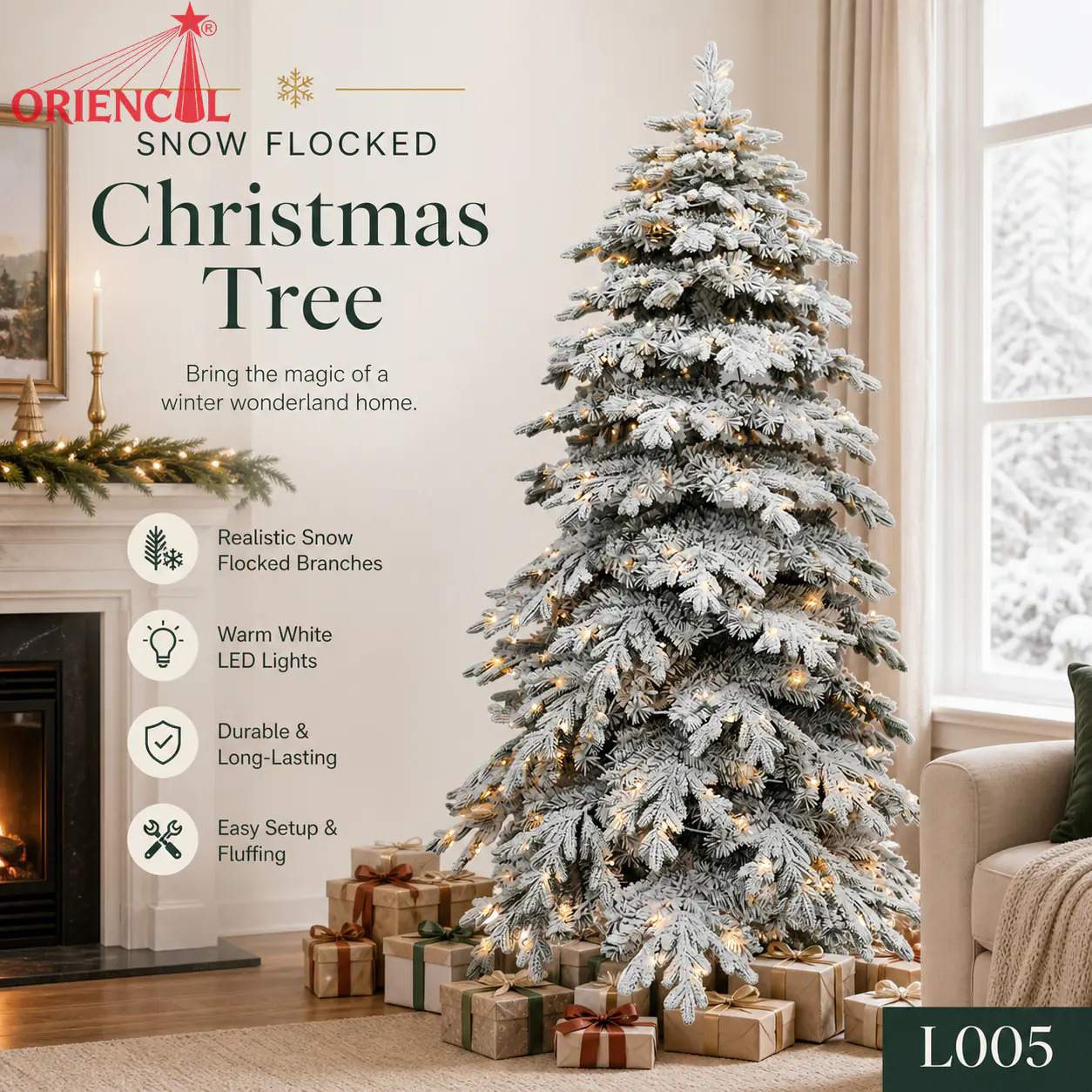 Pre-Lit Dark Grey Flocked Spruce Christmas Tree, LED Lights, Rustic Farmhouse Holiday Decor L005