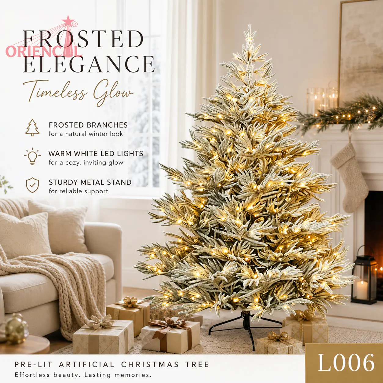 Pre-Lit Gold Tinsel Artificial Fir Christmas Tree, Warm Lights, Glam & Festive Indoor Holiday Decor L006