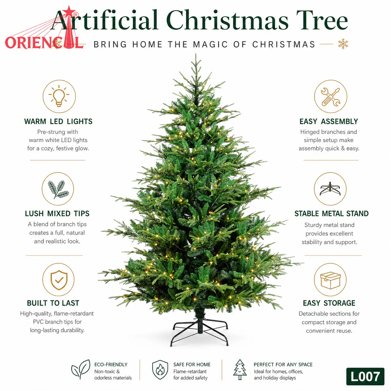 Pre-Lit Full Green Spruce Christmas Tree, Warm LED Lights, Classic Evergreen Home Decor L007