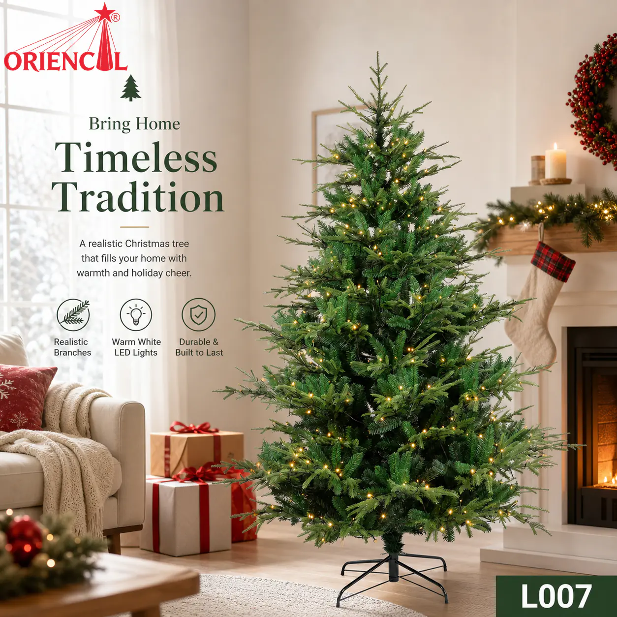 Pre-Lit Full Green Spruce Christmas Tree, Warm LED Lights, Classic Evergreen Home Decor L007