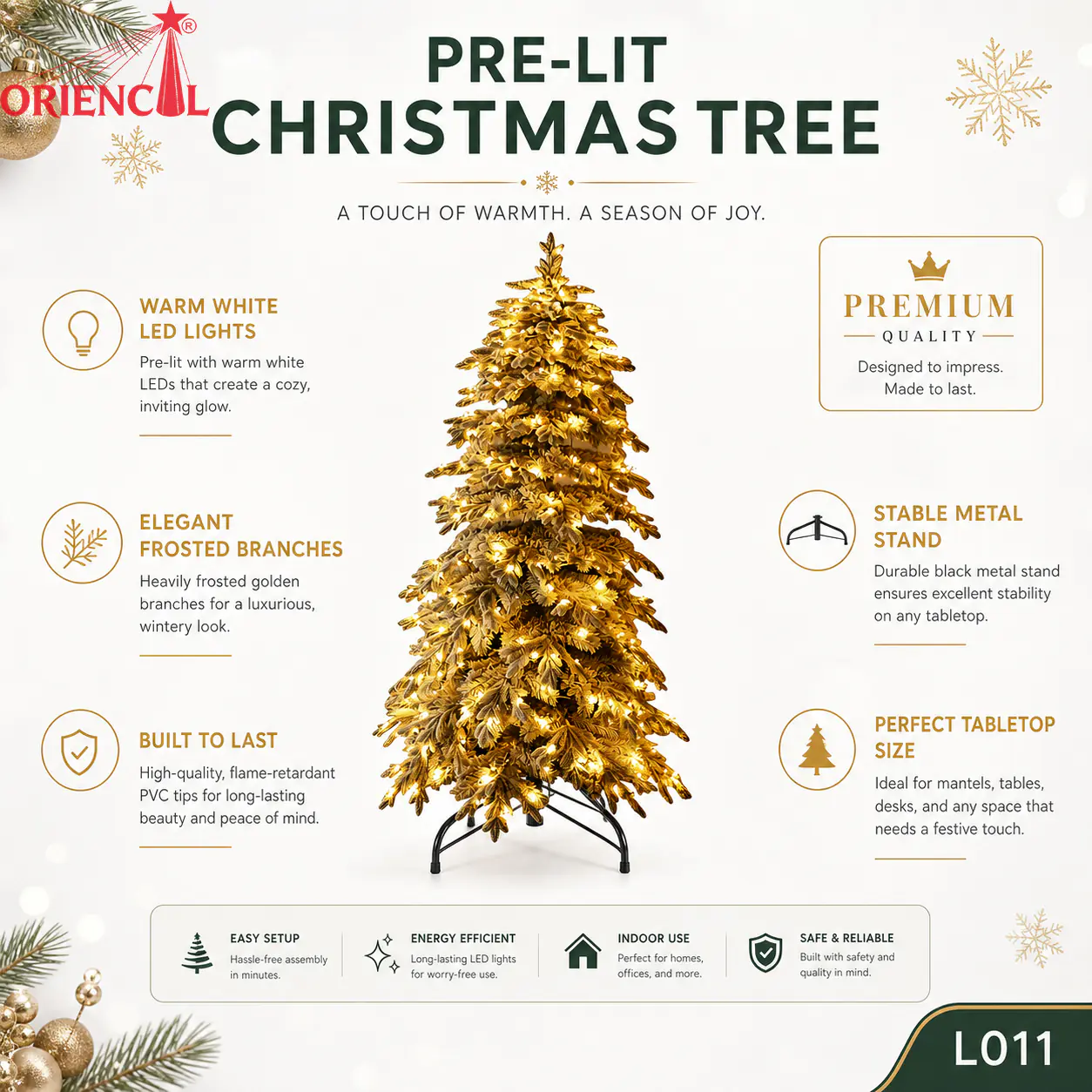 Pre-Lit Gold Artificial Fir Christmas Tree, Bright LED Lights, Glam Party & Holiday Decor L011