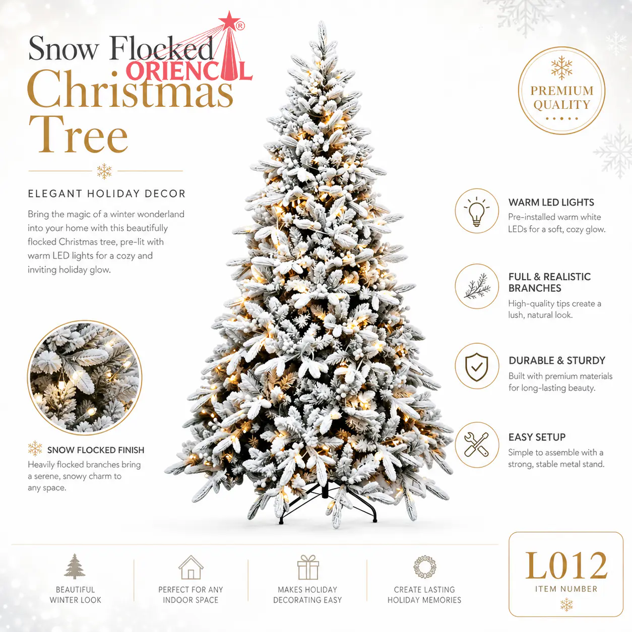 Pre-Lit Green Flocked Spruce Christmas Tree, Warm Lights, Snowy Evergreen Winter Decor L012