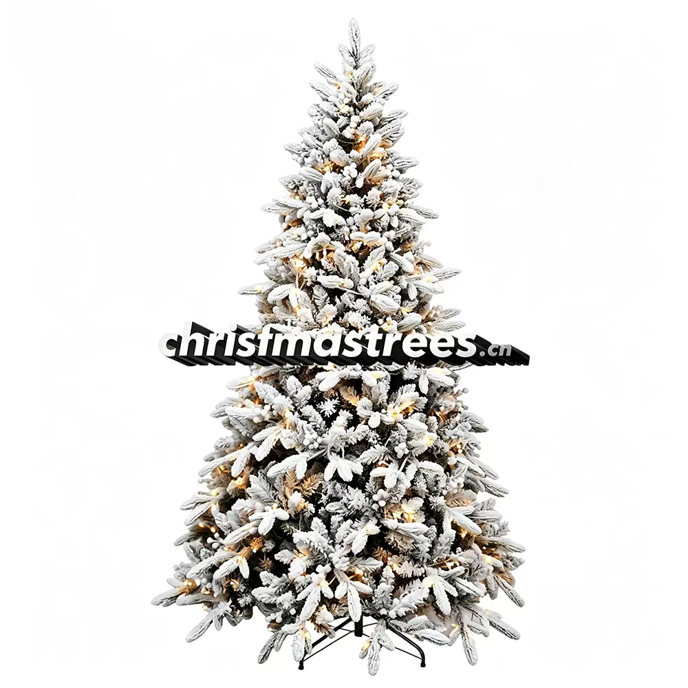 Pre-Lit Green Flocked Spruce Christmas Tree, Warm Lights, Snowy Evergreen Winter Decor L012
